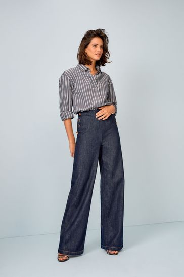 Rinse Blue Gold Button Detail Smart Wide Leg Jeans