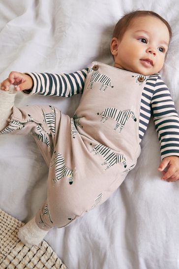 Brown/Stone Zebra Print 2 Piece Dungarees And Bodysuit Set (0mths-2yrs)
