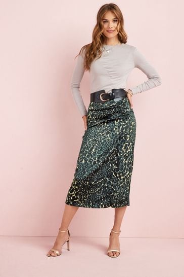Animal Satin Jacquard Ruched Midi Skirt