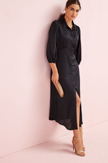 Black Jacquard Satin Empire Line Midi Shirt Dress