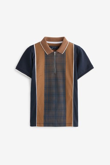 Tan Brown/Navy Blue Vertical Stripe Short Sleeve Zip Neck Polo Shirt (3-16yrs)