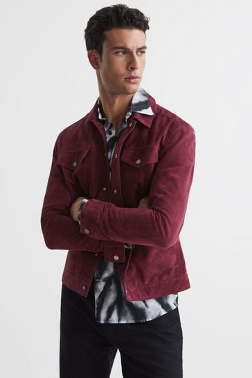 Buy Reiss Bright Rose Disco Press Stud Suede Trucker Jacket from