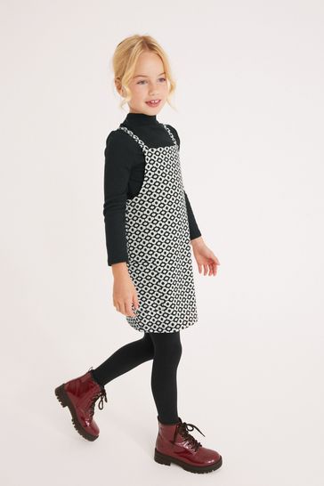 Black/White Flower Pinafore Dress And Long Sleeve Top Set (3-16yrs)