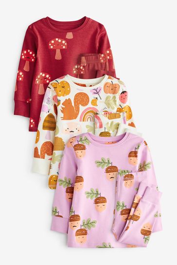 Lilac Purple/Rust Red Mushroom/Acorn Character Snuggle Pyjamas 3 Pack (9mths-16yrs)