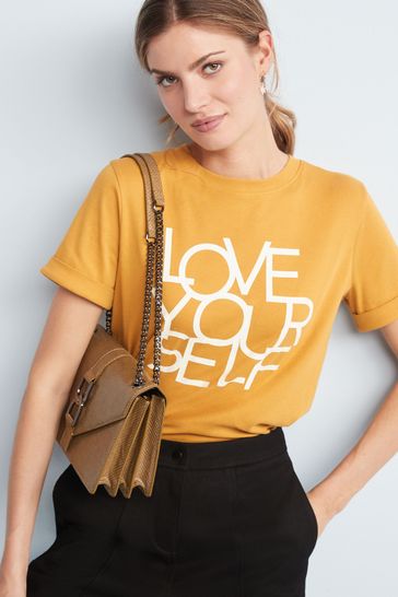 Ochre Yellow Love Yourself Graphic Short Sleeve Crew Neck T-Shirt