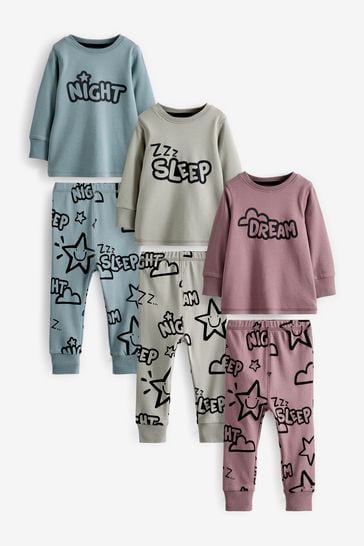Grey/Blue/Pink Slogan Snuggle Pyjamas 3 Pack (9mths-12yrs)