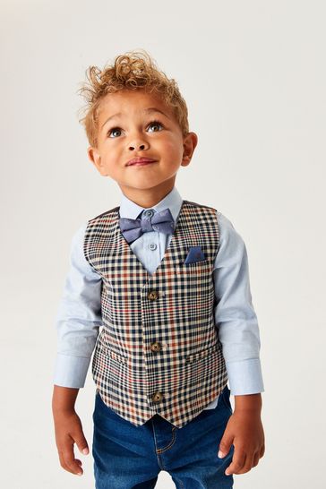 Brown Check Waistcoat, Shirt And Bow Tie Set (3mths-7yrs)