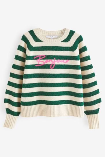 White Stripe Bonjour Slogan Jumper 