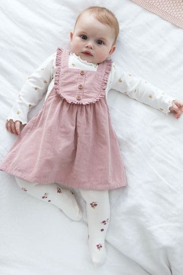 Pink Floral Baby 3 Piece Cord Pinafore Dress, Bodysuit And Tights Set (0mths-2yrs)