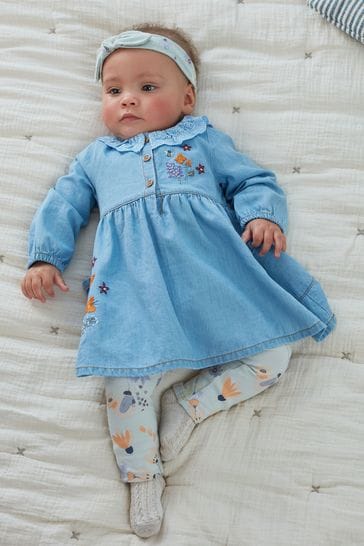 Blue Denim Embroidered Baby Dress With Floral Print Leggings And Headband (0mths-2yrs)
