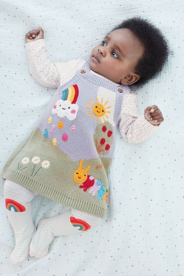 Bright Knitted Character Scene Baby Pinafore Dress With Bodysuit And Tights (0mths-2yrs)