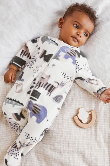 Cream and Grey Animal Baby Fleece Sleepsuit