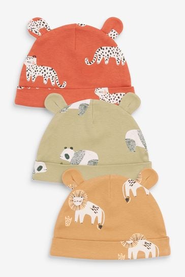 Green/Rust Orange 3 Pack Baby Bear Ear Beanie Hats (0-18mths)