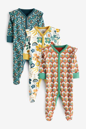 Green/Yellow Floral Shoulder Frill Baby Sleepsuits 3 Pack (0-12.13mths)