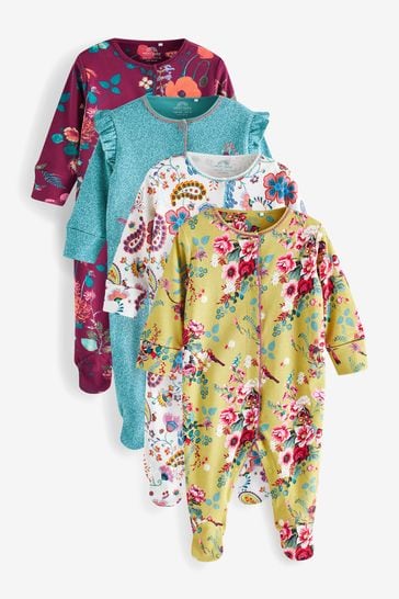 Teal Blue Floral 4 Pack Baby Sleepsuits (0-2yrs)