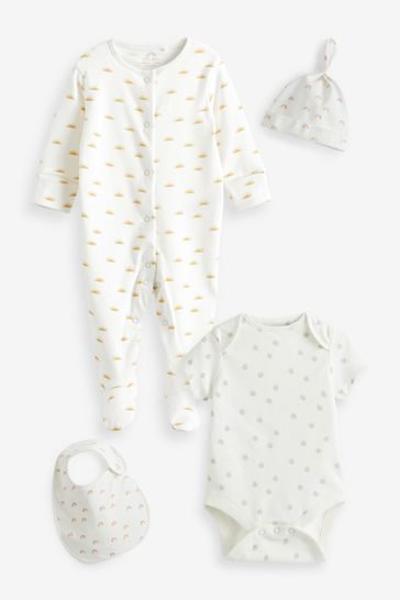 Cream Printed 4 Piece Baby Sleepsuit Bodysuit Hat And Bib Set (0-9mths)