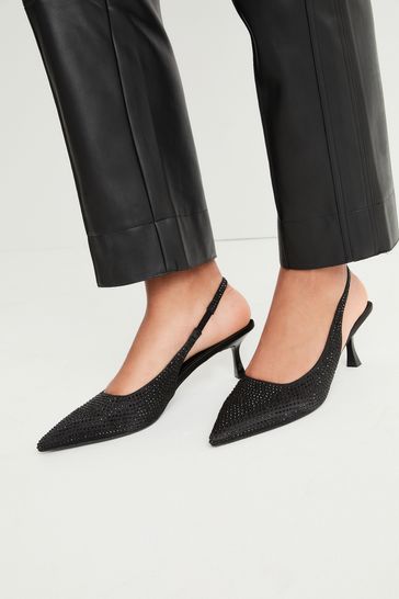 Buy Black Forever Comfort Jewel Studded Kitten Heel Slingbacks