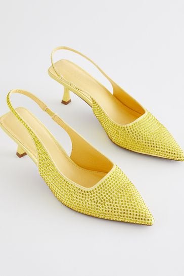Yellow Forever Comfort Jewel Studded Slingback Kitten Heels