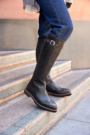 Black Regular/Wide Fit Forever Comfort® Leather Brogue Detail Knee High Boots