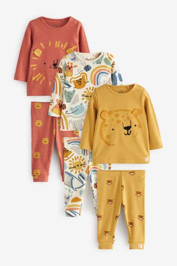 Orange/Ochre Yellow Safari Animals Baby 6 Pack T-Shirts And Leggings Set