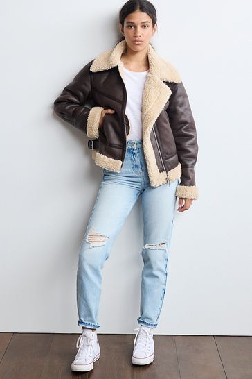 Buy Brown Next Faux Leather Aviator Coat With Teddy Borg Lining