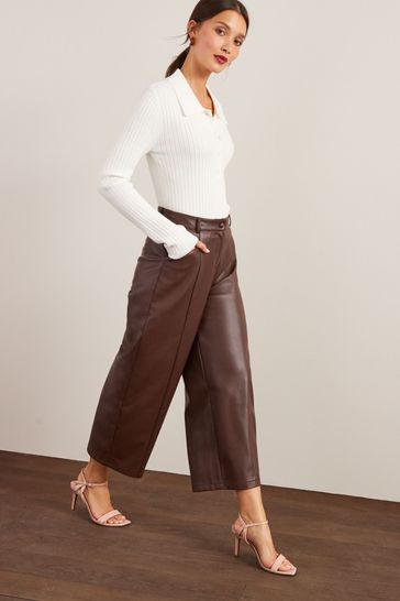 Dark Red Brown PU Faux Leather Culotte Trousers