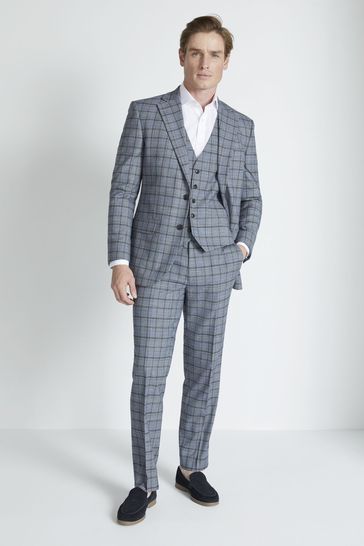 Moss Tailored Fit Mid Blue Check Suit: Jacket