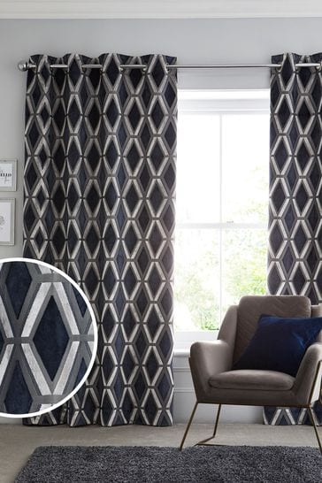Navy Blue Collection Luxe Heavyweight Geometric Cut Velvet Blackout/Thermal Eyelet Curtains