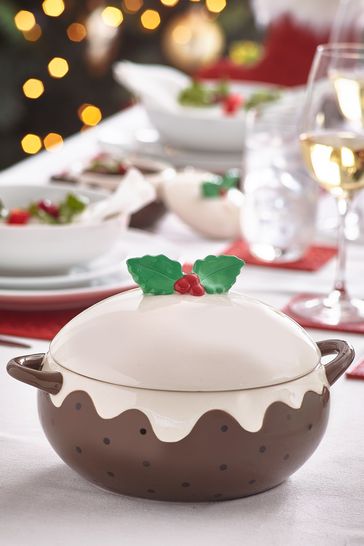 White Christmas Pudding Lidded Casserole Dish