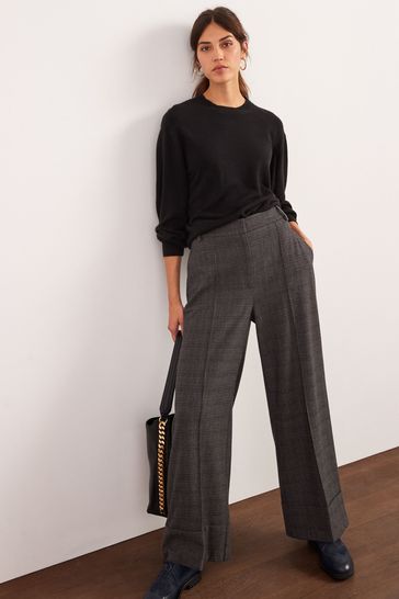 Brushed Grey Check Smart Wide Leg Trousers