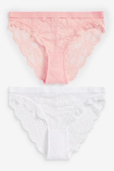 Coral Pink/White High Leg Lace Knickers 2 Pack
