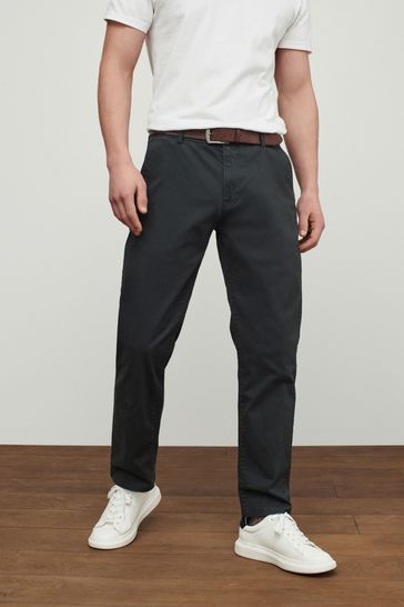 Charcoal Grey Belted Soft Touch Straight Fit Chino Trousers