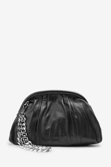 Black Leather Snap Chain Clutch