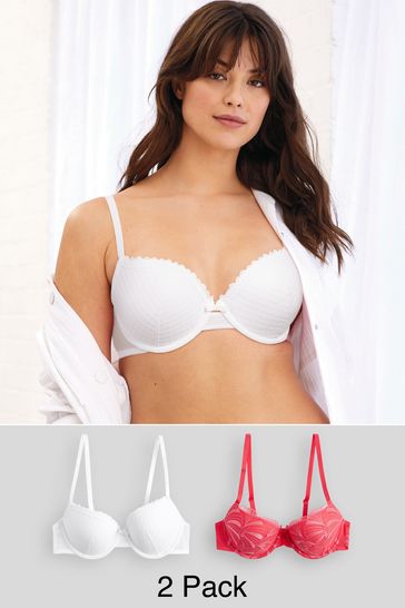 Pink/White Pad Balcony Embroidered Bras 2 Pack