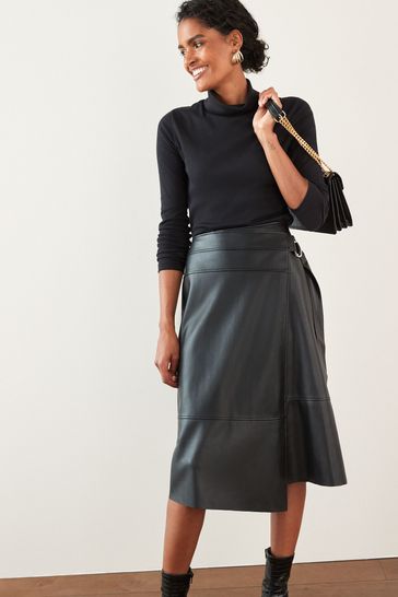 Black PU Faux Leather Midi Wrap Skirt
