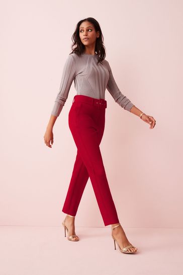 Red Smart Belted Taper Leg Trousers