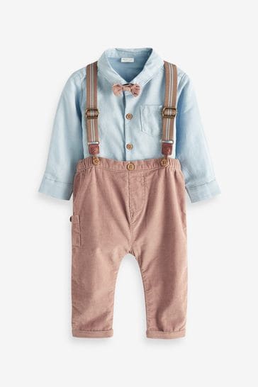 Mink Brown Smart Baby 4 Piece Shirt Body, Bow Tie, Trousers And Braces Set (0mths-2yrs)