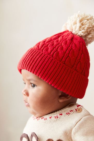 Red Baby Cable Knitted Hat with Pom Pom (0mths-2yrs)