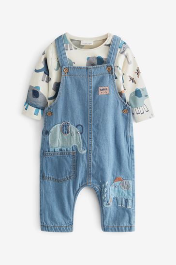 Blue Elephant Appliqué 2 Piece Baby Denim Dungarees And Bodysuit Set (0mths-3yrs)