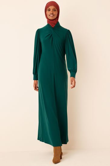 Green Knotted High Neck Long Sleeve Dress