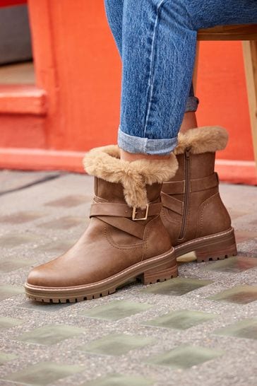 Tan Brown Regular/Wide Fit Forever Comfort® Faux Fur Lined Buckle Detail Boots