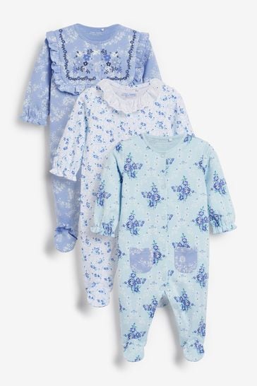 Blue Frill Baby Embroidered Detail Sleepsuits 3 Pack (0-2yrs)