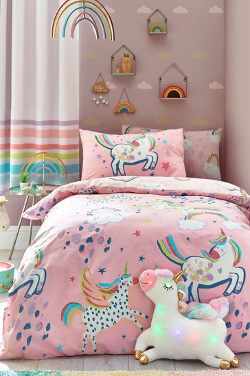 Pink Kids Glow-In-The-Dark Party Unicorn Duvet Cover And Pillowcase Set
