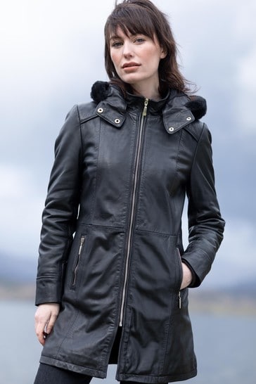 Lakeland Leather Rydalwater Leather Hooded Coat In Black