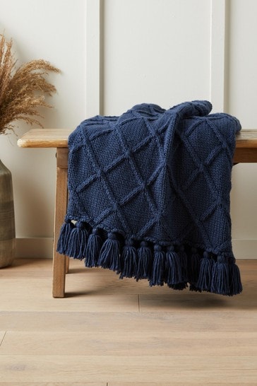 Navy Blue Chunky Cable Knit Throw, Navy Blue Throws For Sofas Uk