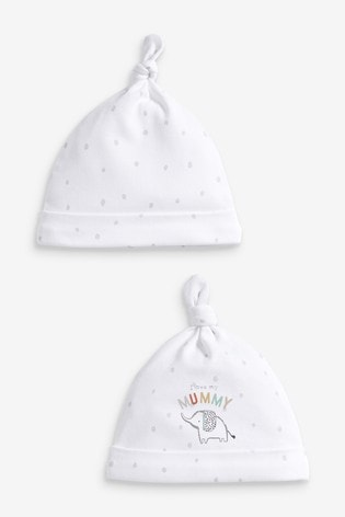 Ecru White 2 Pack Tie Top Baby Hats (0-6mths)