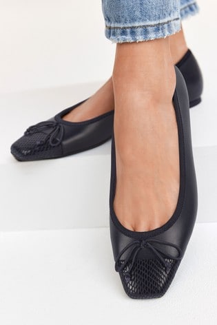 Navy Leather Square Toe Ballerina Shoes