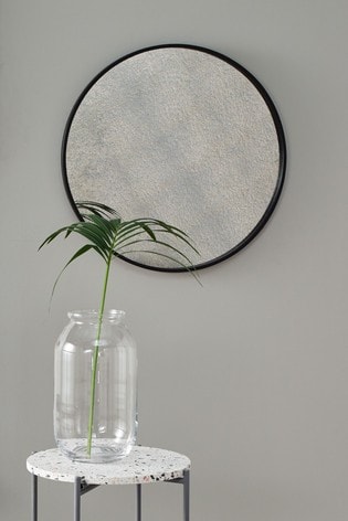 Pacific Black Matt Black Wood Round Mirror With Foxed Glass Wall Mirror