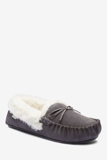 Grey Suede Moccasin Slippers