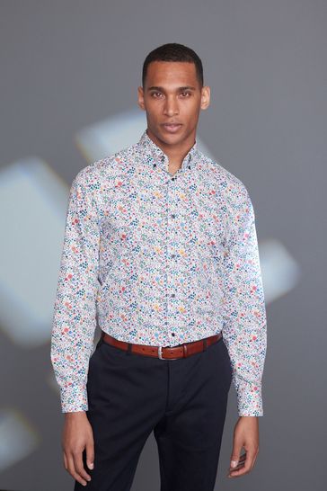 White/Multicoloured Floral Regular Fit Single Cuff Signature Trimmed Shirt